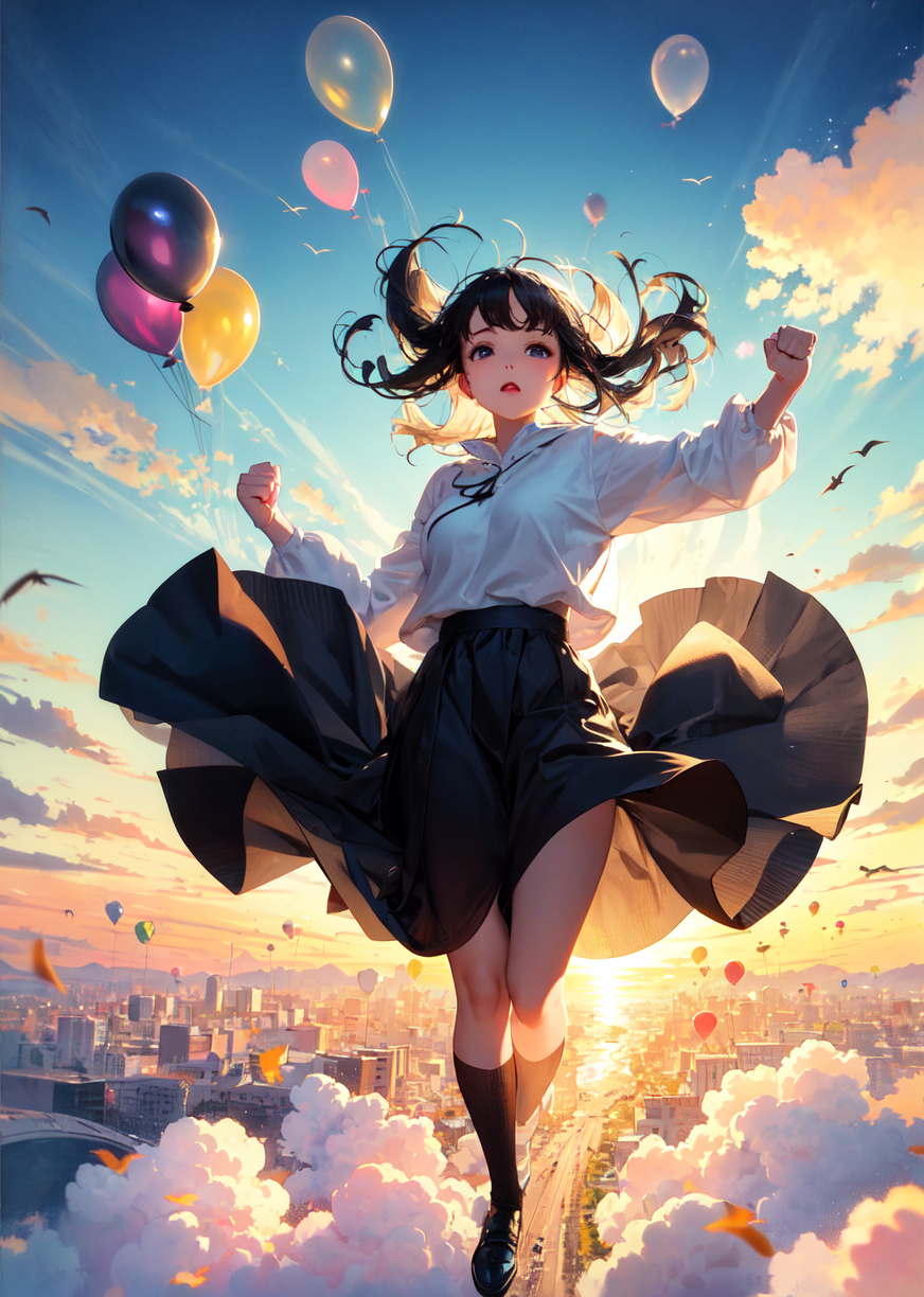 03355-2609812453-masterpiece, best quality, 1girl, falling from the sky, clouds, balloons, clenched fist.png